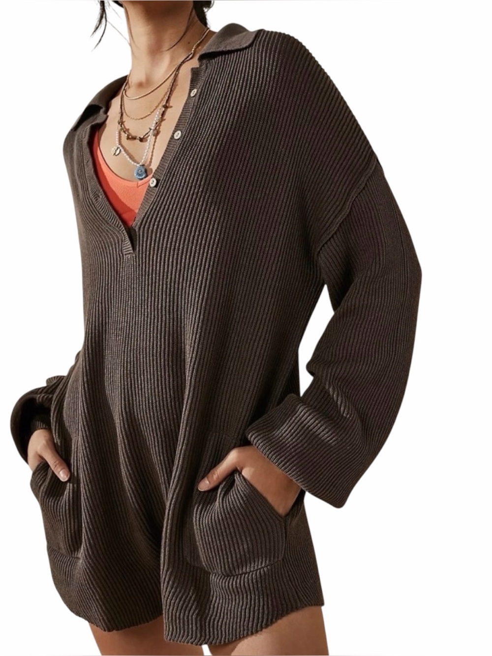 Free People Beach Brown Long Sleeve Sweater Romper Jumpsuit size XS